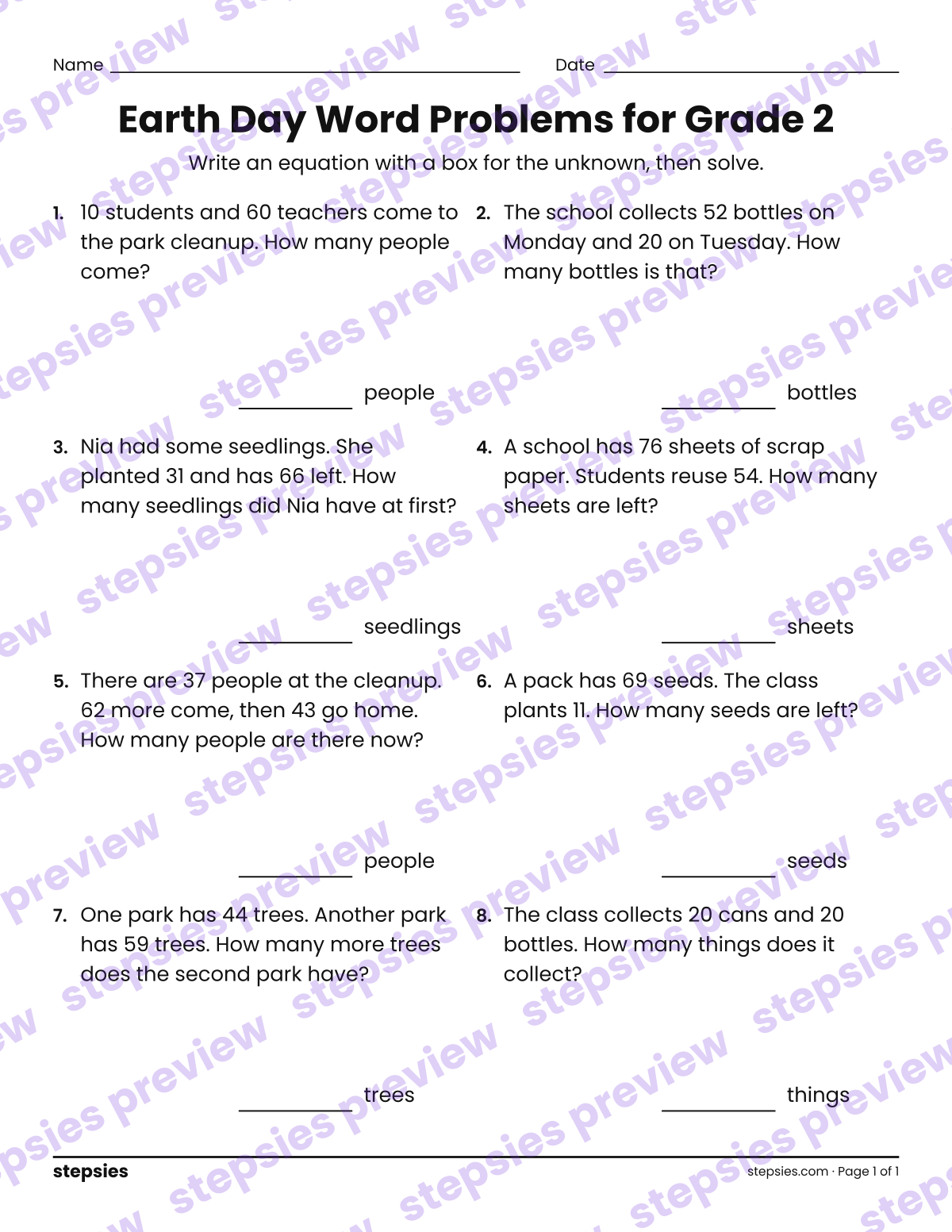 Earth Day Word Problems for Grade 2: page 1 of a printable Grade 2 Math worksheet