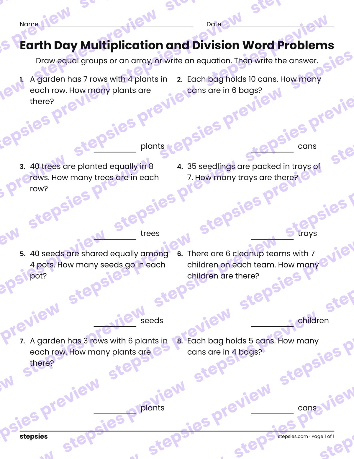 Earth Day Multiplication and Division Word Problems: page 1 of a printable Grade 3 Math worksheet