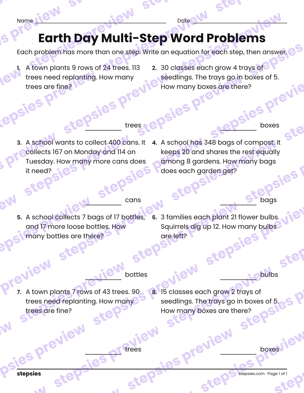 Earth Day Multi-Step Word Problems: page 1 of a printable Grade 4 Math worksheet