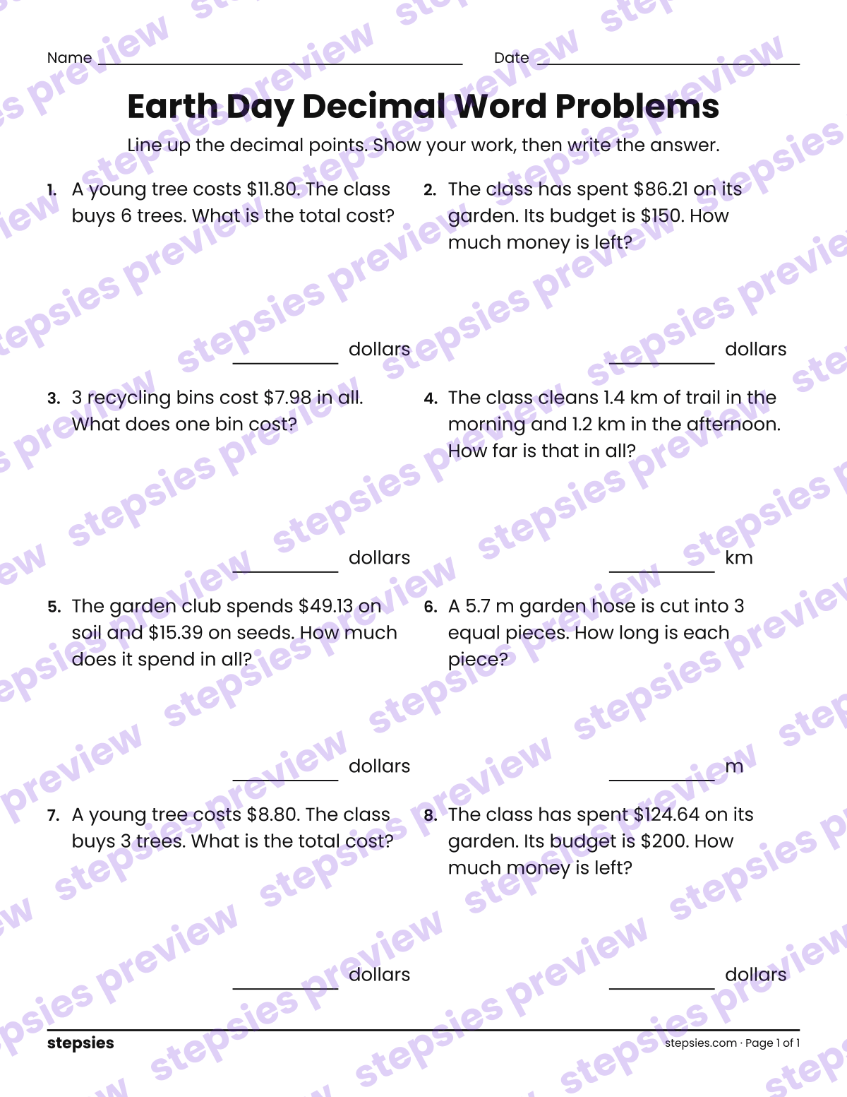 Earth Day Decimal Word Problems: page 1 of a printable Grade 5 Math worksheet