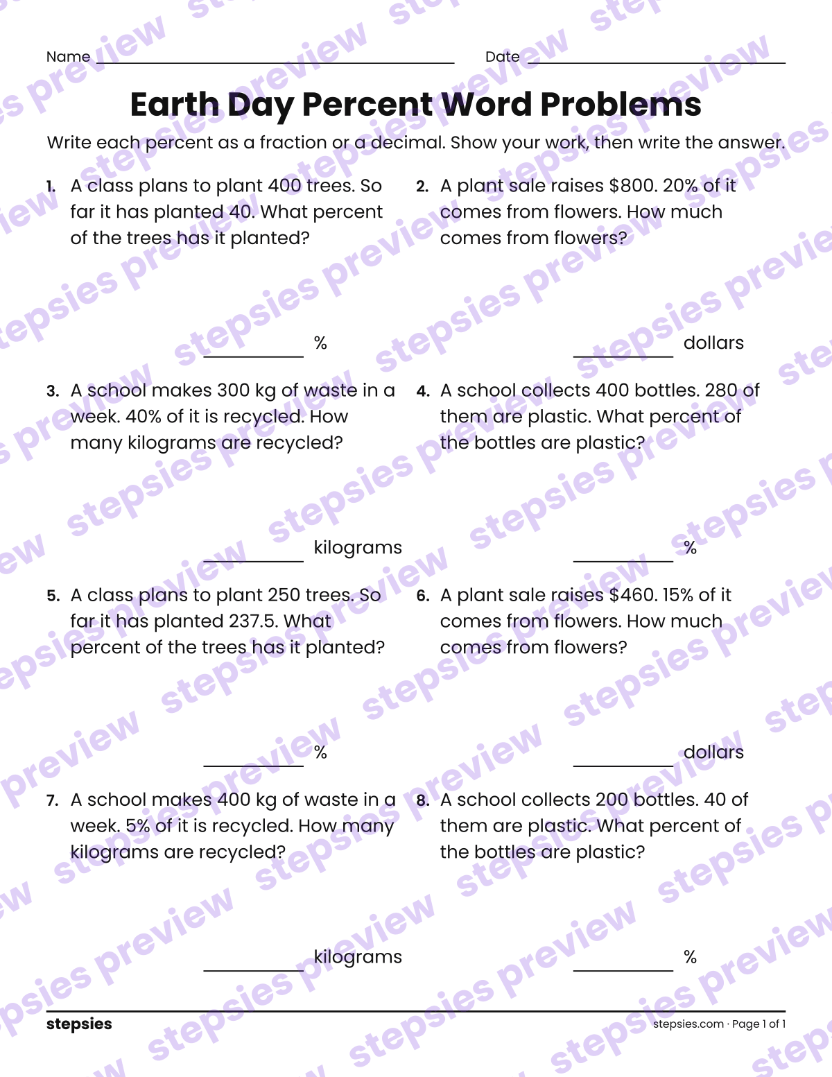 Earth Day Percent Word Problems: page 1 of a printable Grade 6 Math worksheet