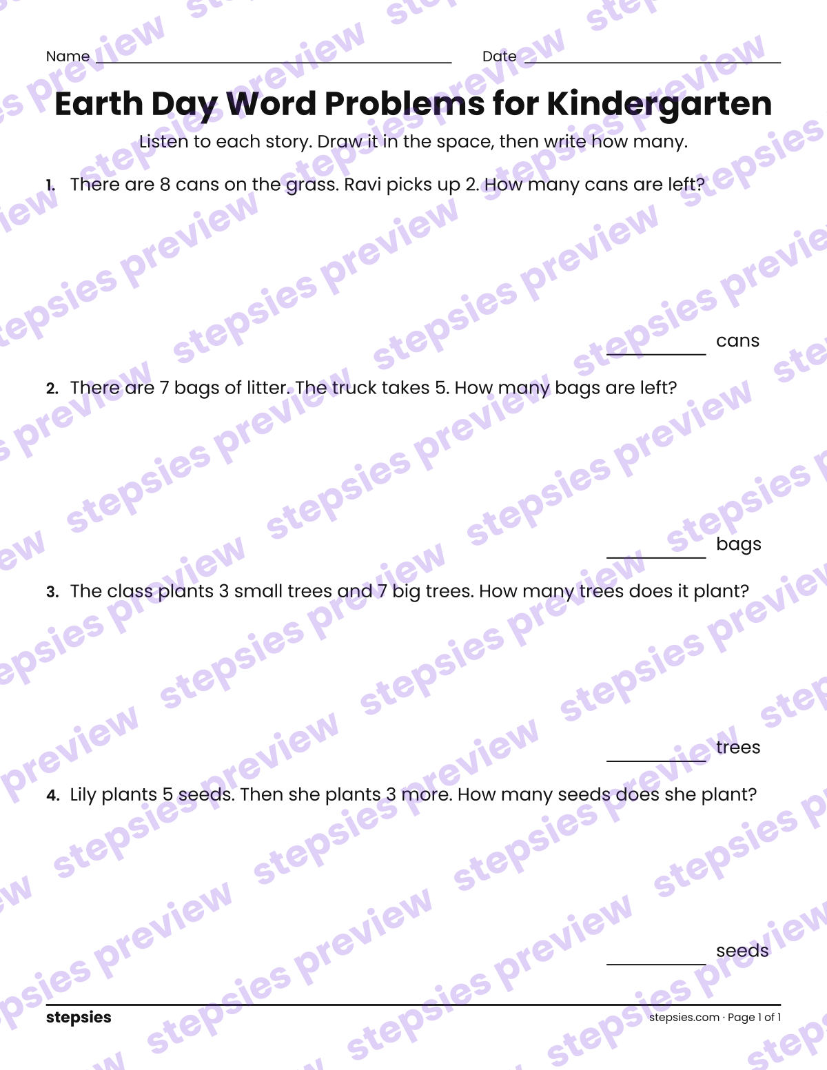 Earth Day Word Problems for Kindergarten: page 1 of a printable Kindergarten Math worksheet