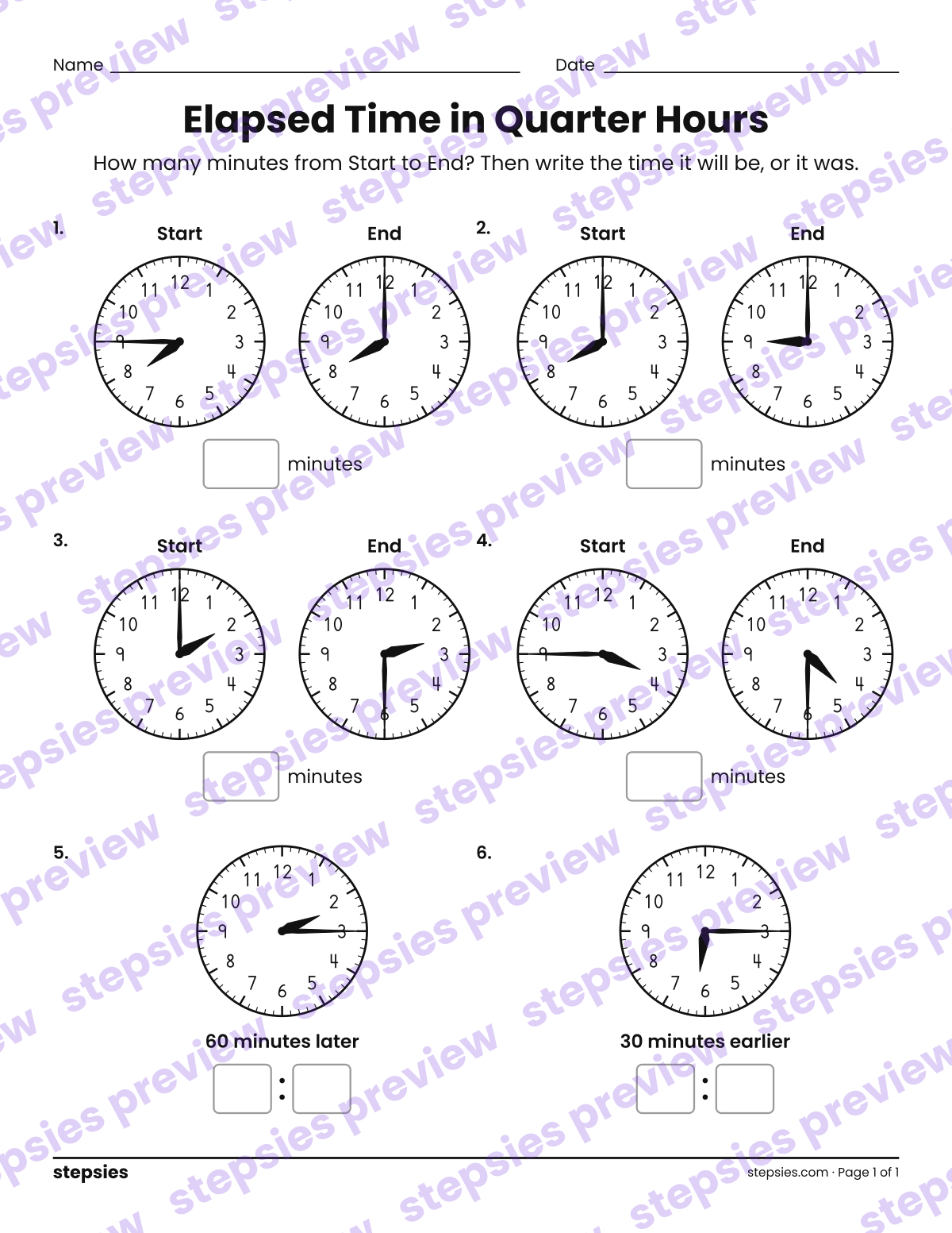 Elapsed Time in Quarter Hours: page 1 of a printable Grade 3 Math worksheet
