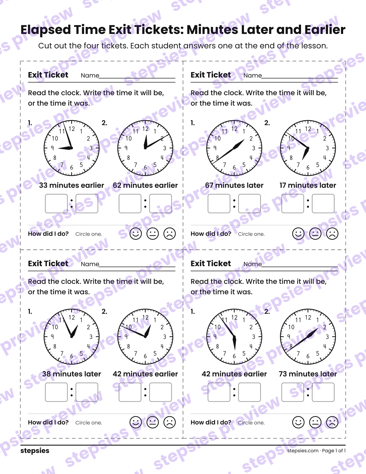 Elapsed Time Exit Tickets: Minutes Later and Earlier: page 1 of a printable Grades 3 and 4 Math worksheet