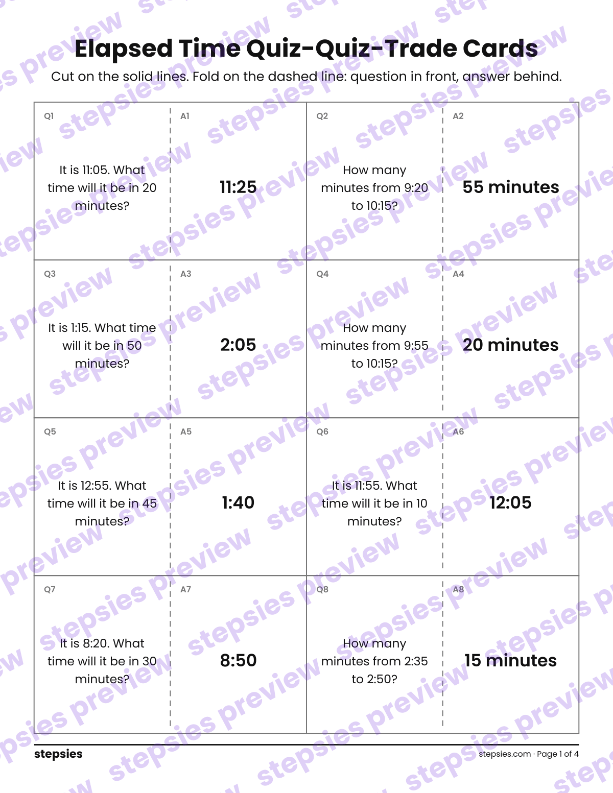 Elapsed Time: Quiz-Quiz-Trade Cards: page 1 of a printable Grade 3 Math worksheet