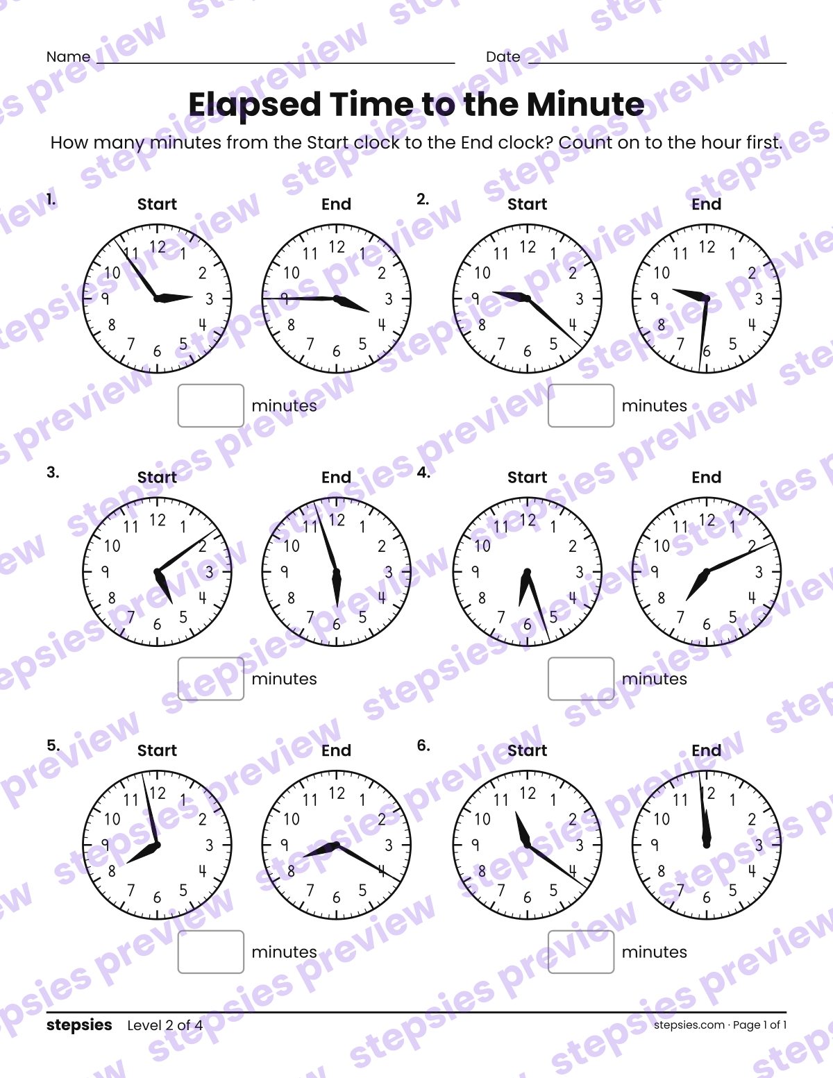 Elapsed Time to the Minute: page 1 of a printable Grades 3 and 4 Math worksheet