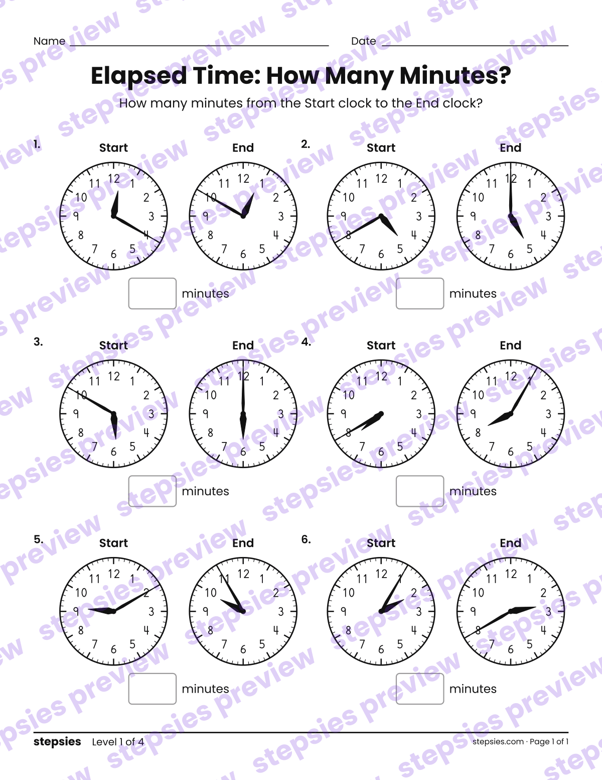 Elapsed Time: How Many Minutes?: page 1 of a printable Grades 3 and 4 Math worksheet