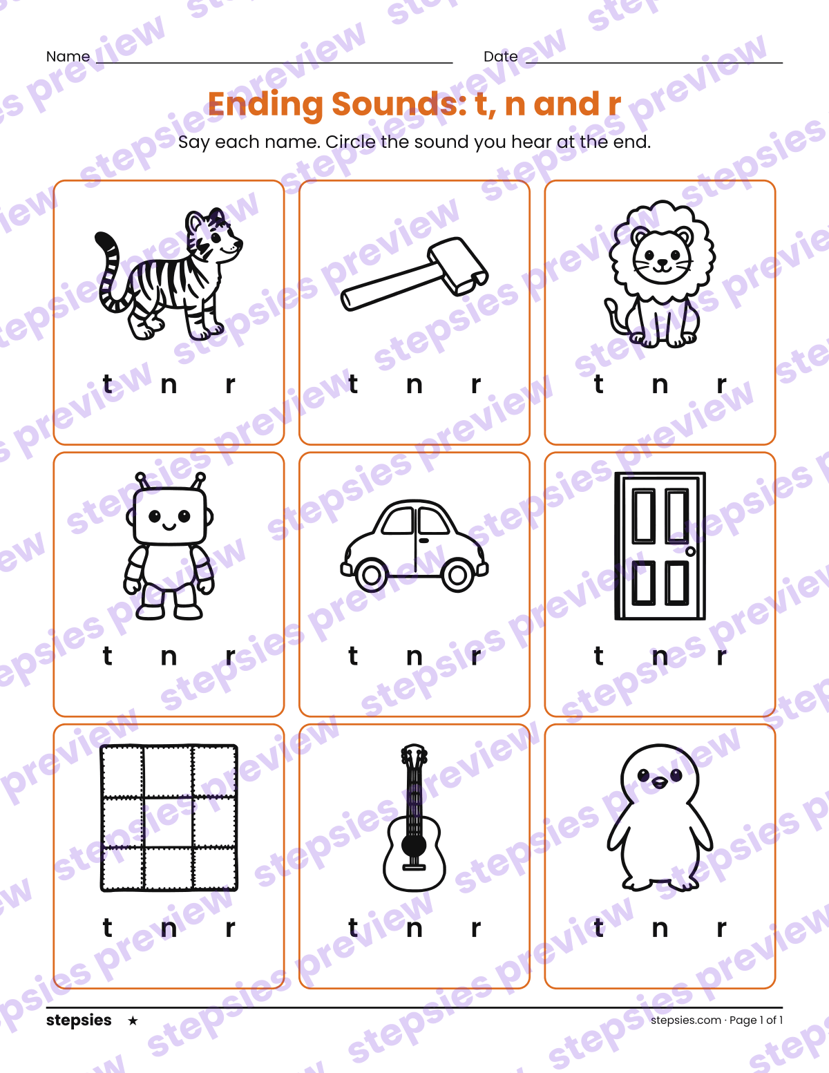 Ending Sounds: t, n and r: page 1 of a printable Kindergarten and Grade 1 Language worksheet