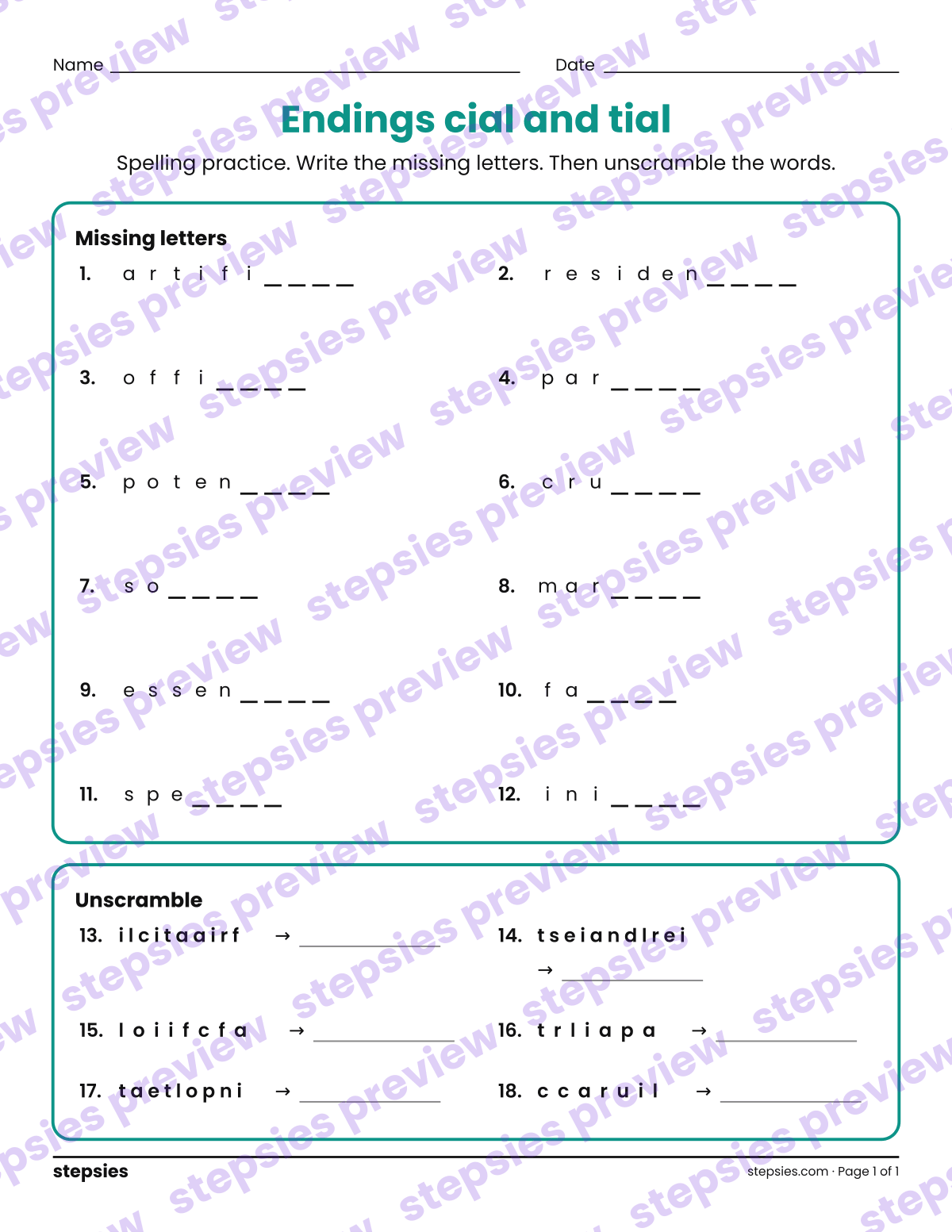 Endings cial and tial: Spelling Practice: page 1 of a printable Grade 5 Language worksheet