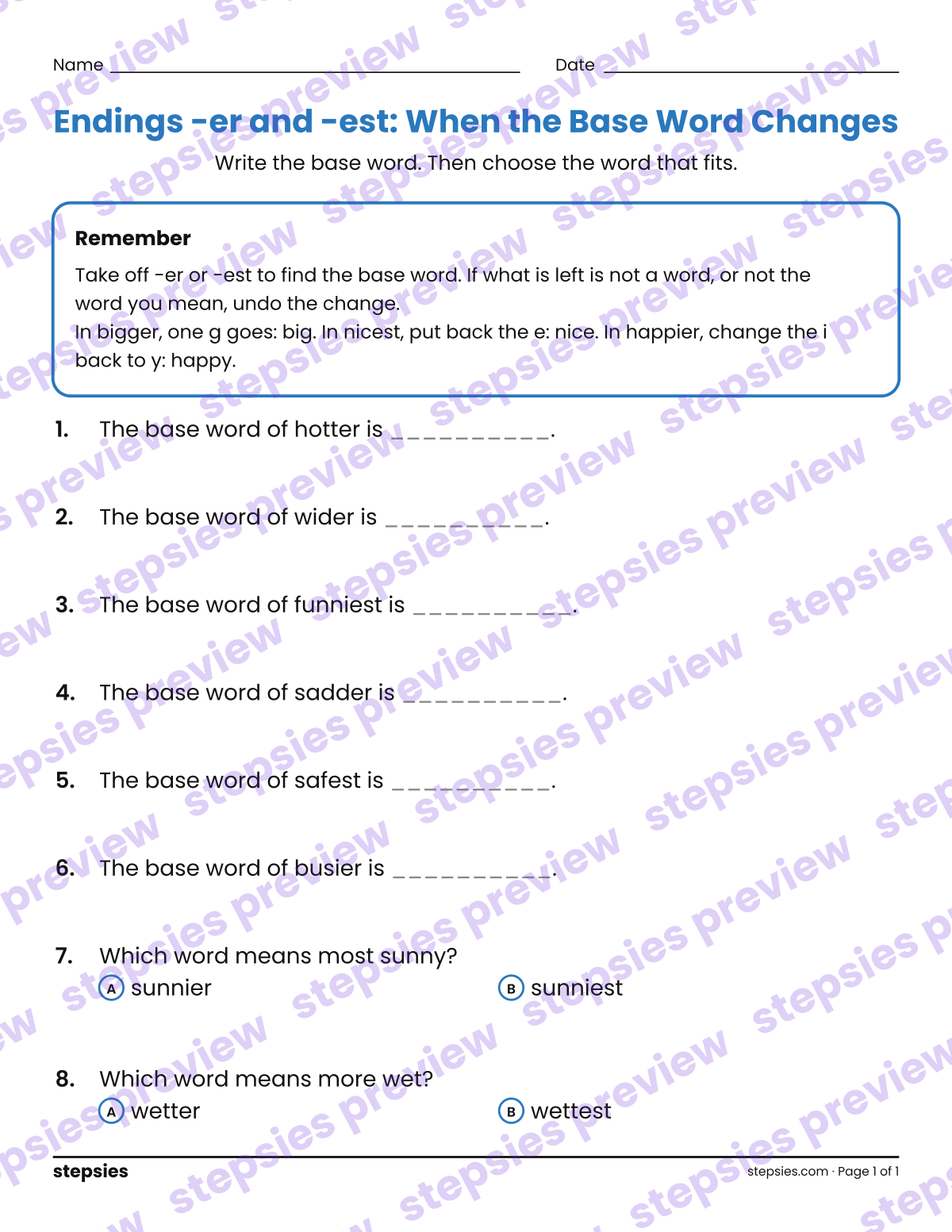 Endings -er and -est: When the Base Word Changes: page 1 of a printable Grade 2 Language worksheet