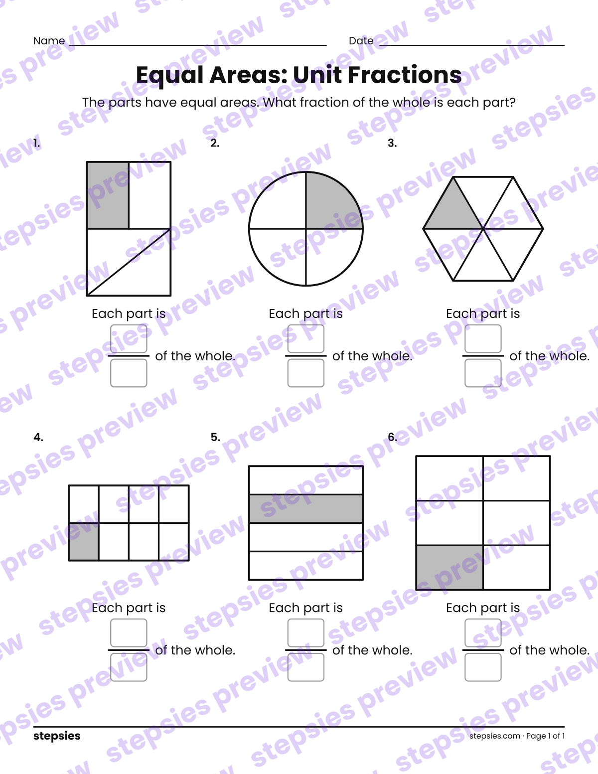 Equal Areas: Unit Fractions: page 1 of a printable Grade 3 Math worksheet