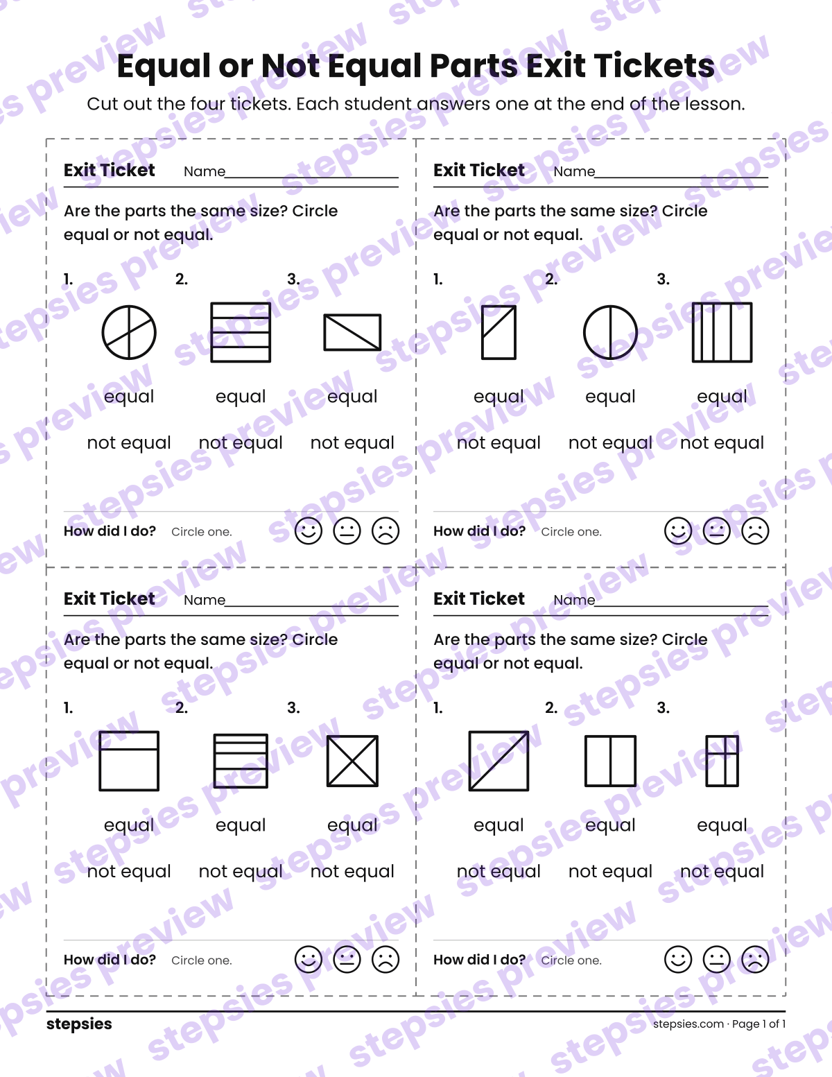 Equal or Not Equal Parts Exit Tickets: page 1 of a printable Grade 1 Math worksheet