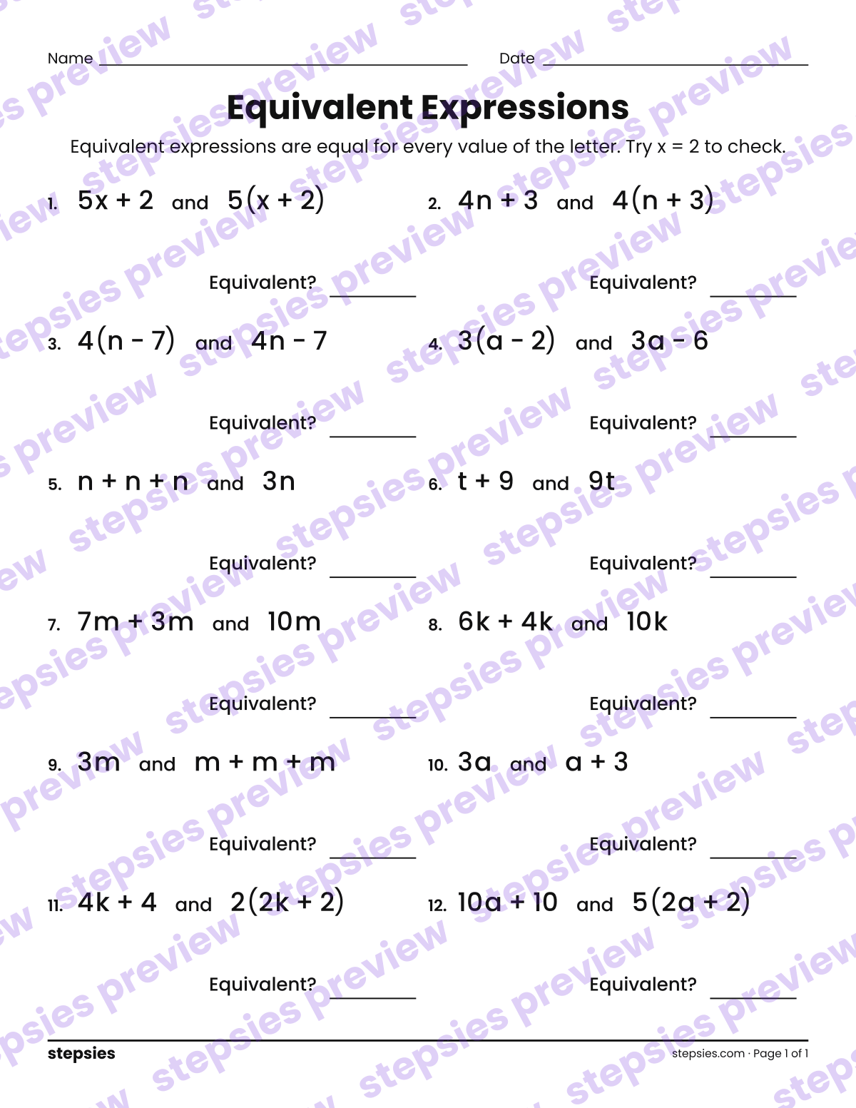 Equivalent Expressions: page 1 of a printable Grade 6 Math worksheet