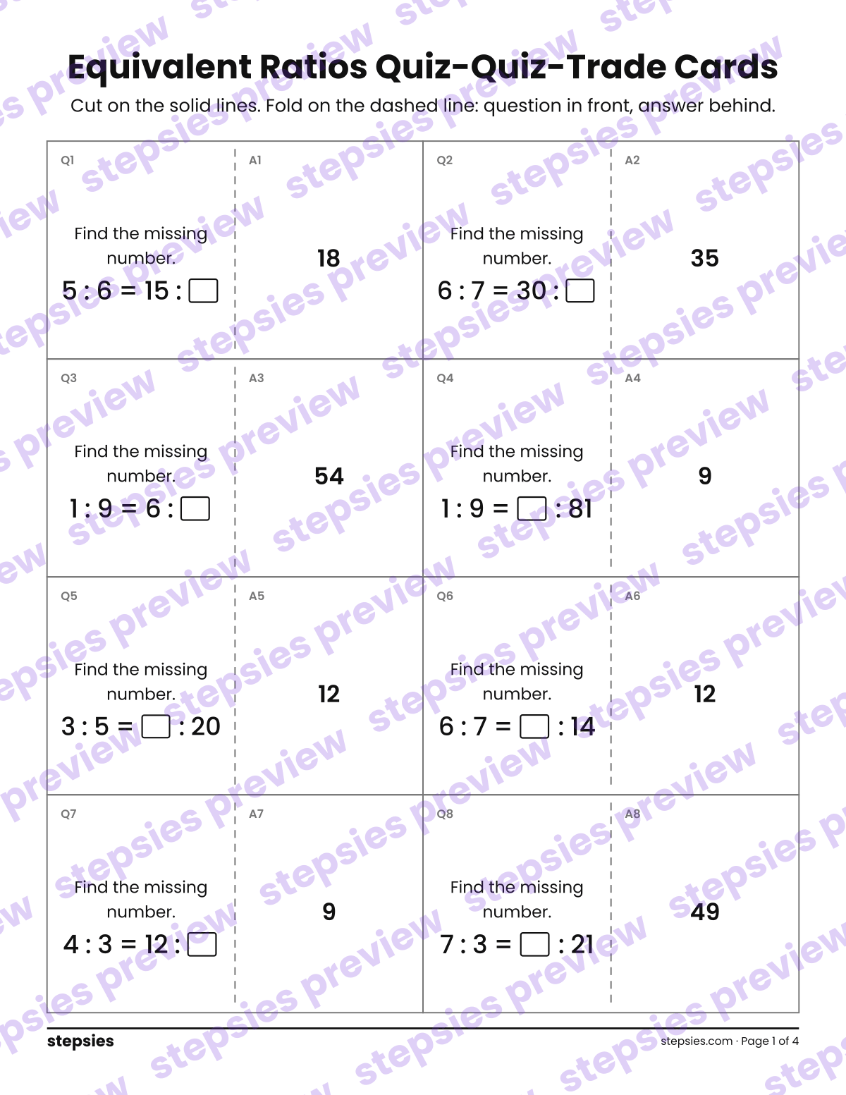 Equivalent Ratios: Quiz-Quiz-Trade Cards: page 1 of a printable Grade 6 Math worksheet