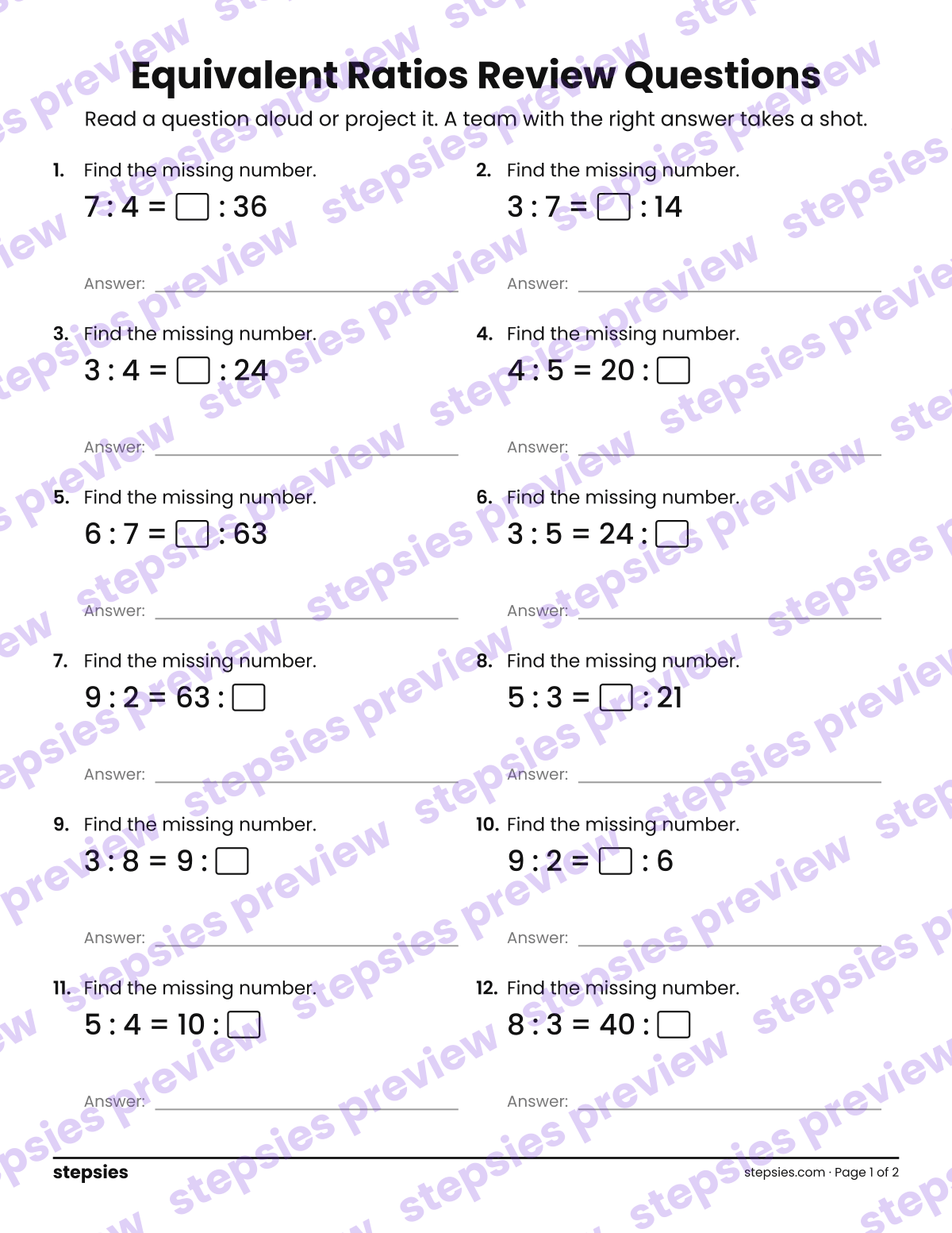 Equivalent Ratios: Trashketball Review Questions: page 1 of a printable Grade 6 Math worksheet