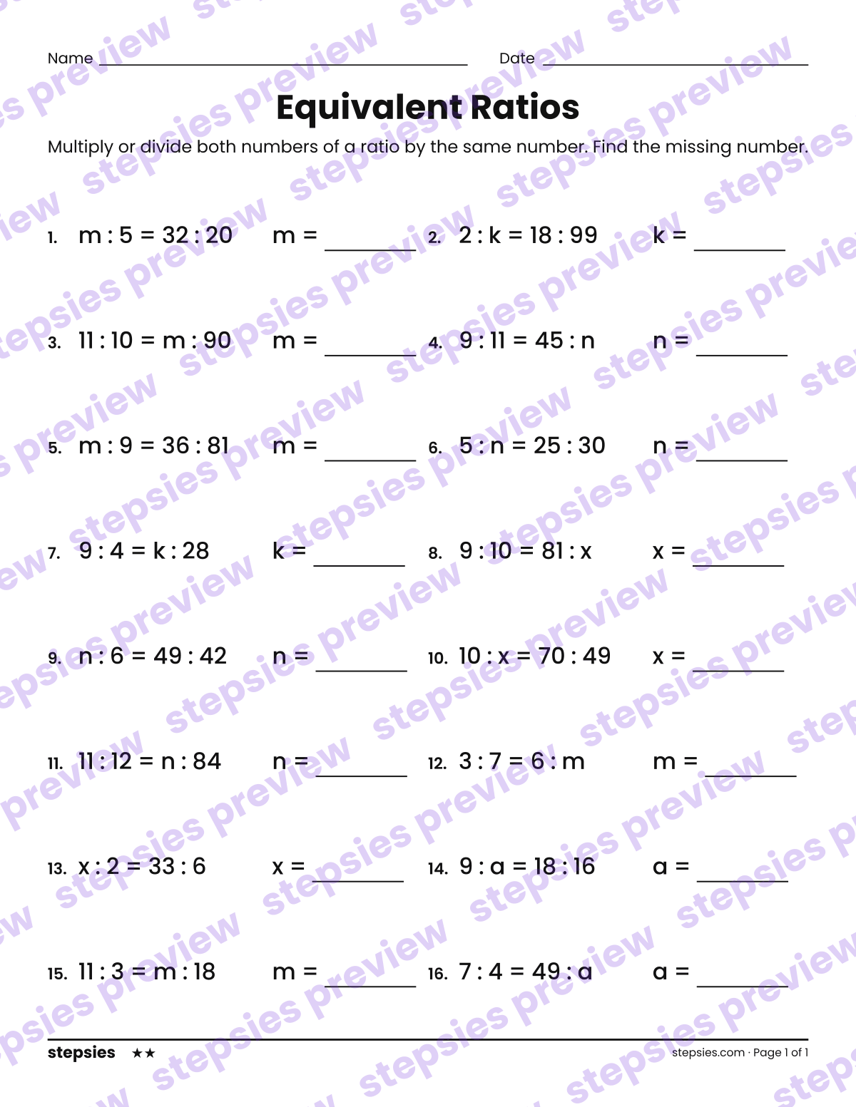 Equivalent Ratios: page 1 of a printable Grades 6 and 7 Math worksheet