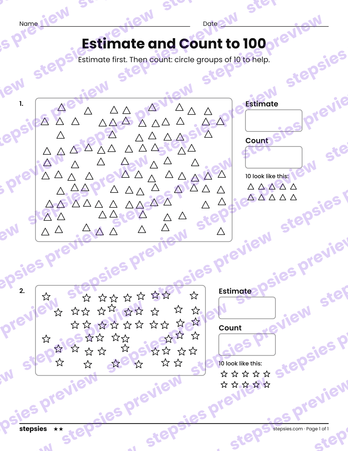 Estimate and Count to 100: page 1 of a printable Grade 2 Math worksheet