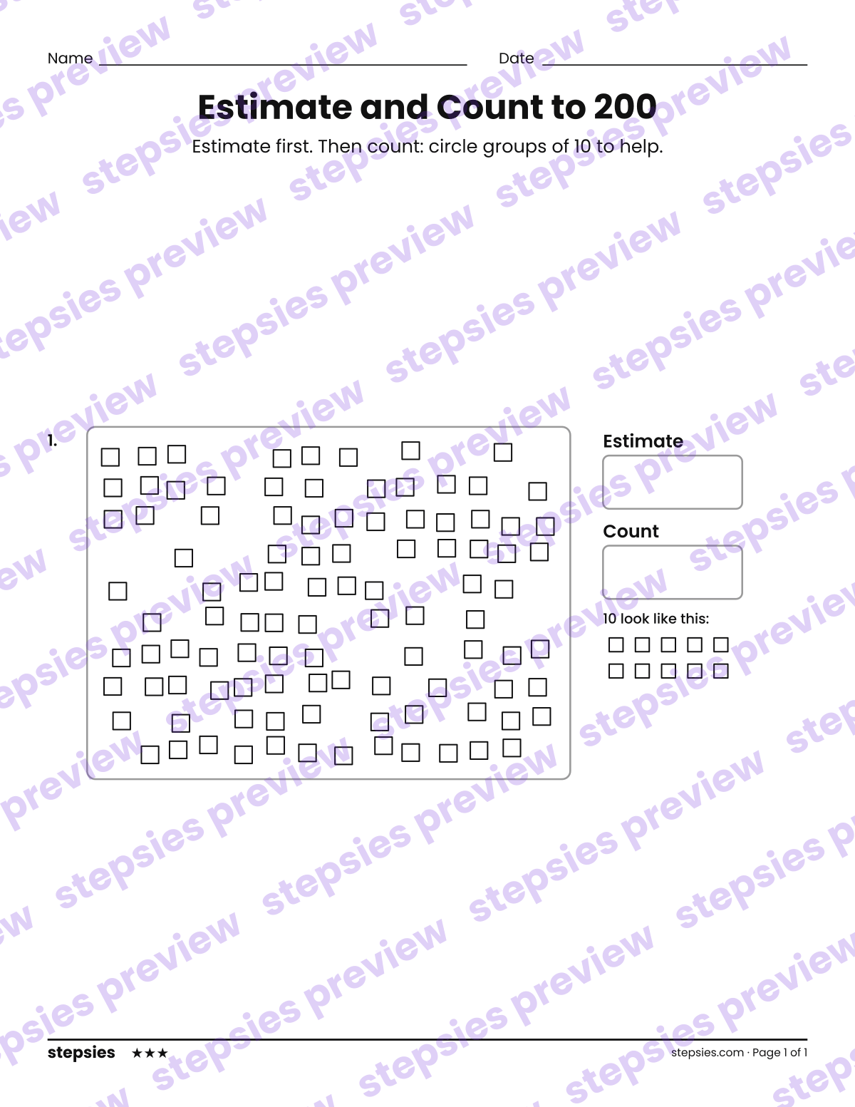 Estimate and Count to 200: page 1 of a printable Grade 2 Math worksheet