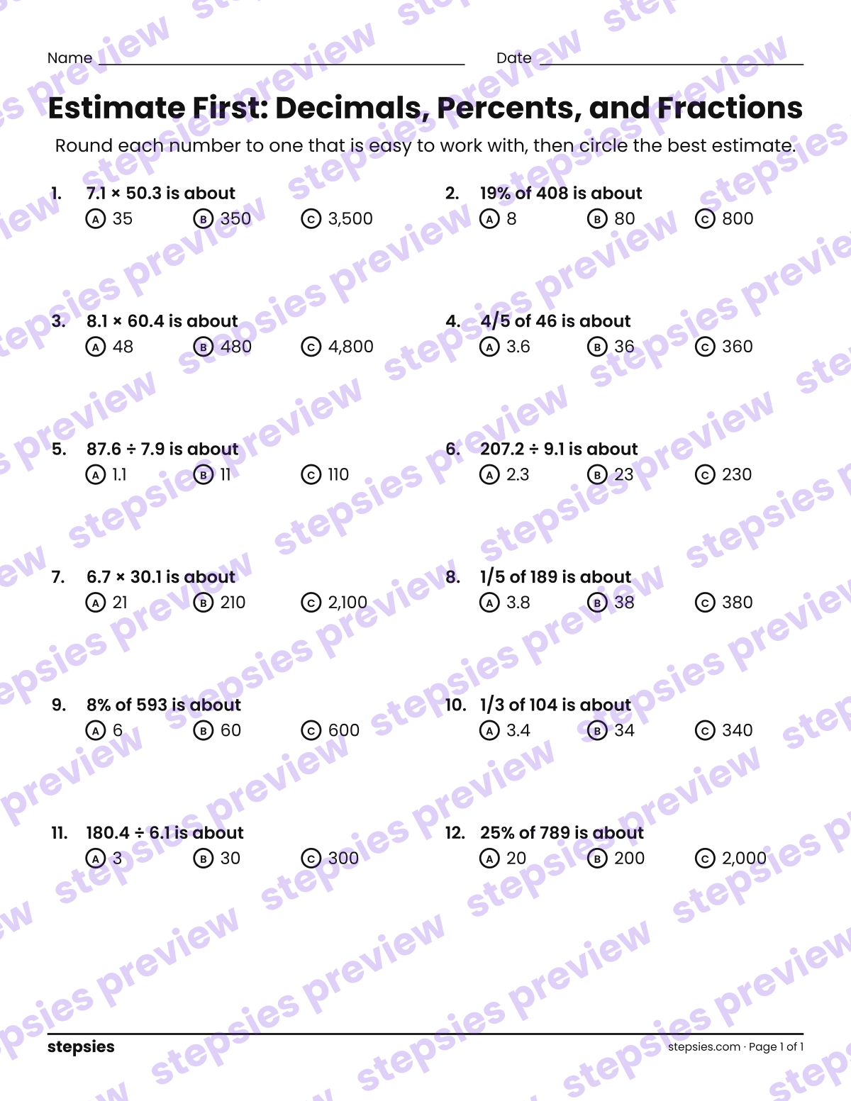 Estimate First: Decimals, Percents, and Fractions: page 1 of a printable Grades 7 and 8 Math worksheet