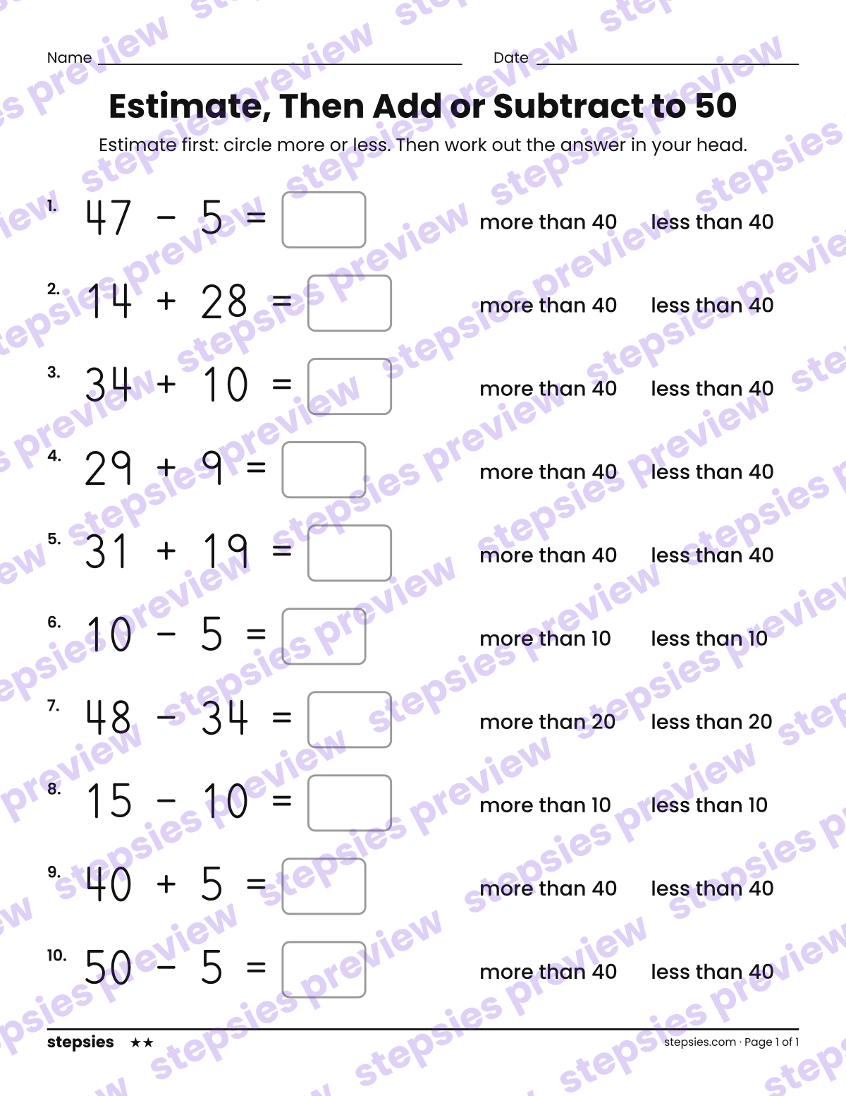Estimate, Then Add or Subtract to 50: page 1 of a printable Grade 2 Math worksheet