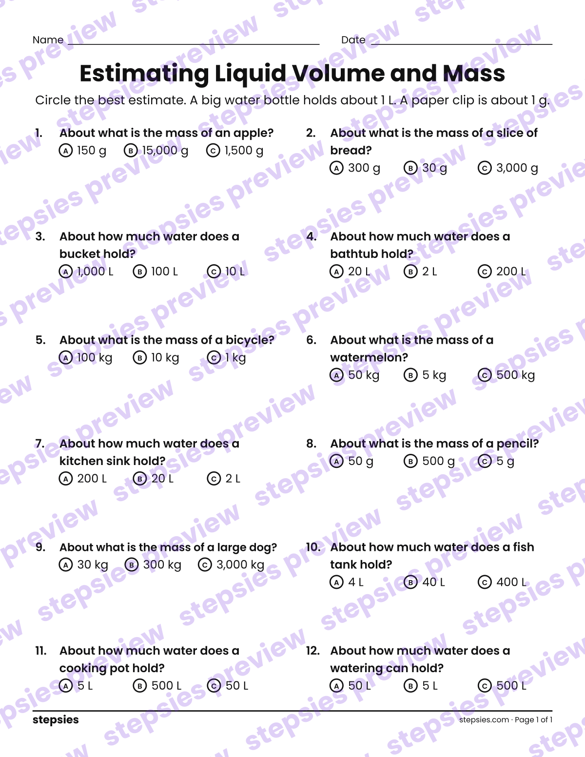Estimating Liquid Volume and Mass: page 1 of a printable Grade 3 Math worksheet