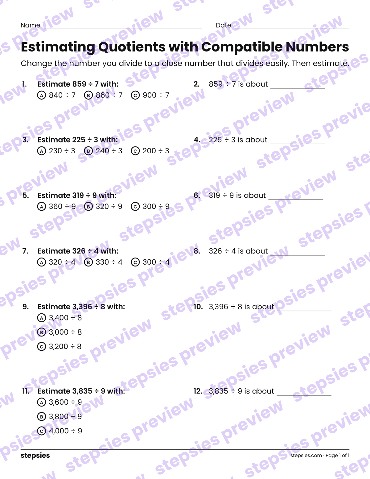 Estimating Quotients with Compatible Numbers: page 1 of a printable Grades 4 and 5 Math worksheet