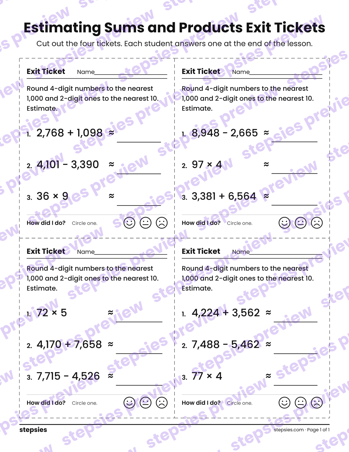 Estimating Sums and Products Exit Tickets: page 1 of a printable Grade 4 Math worksheet