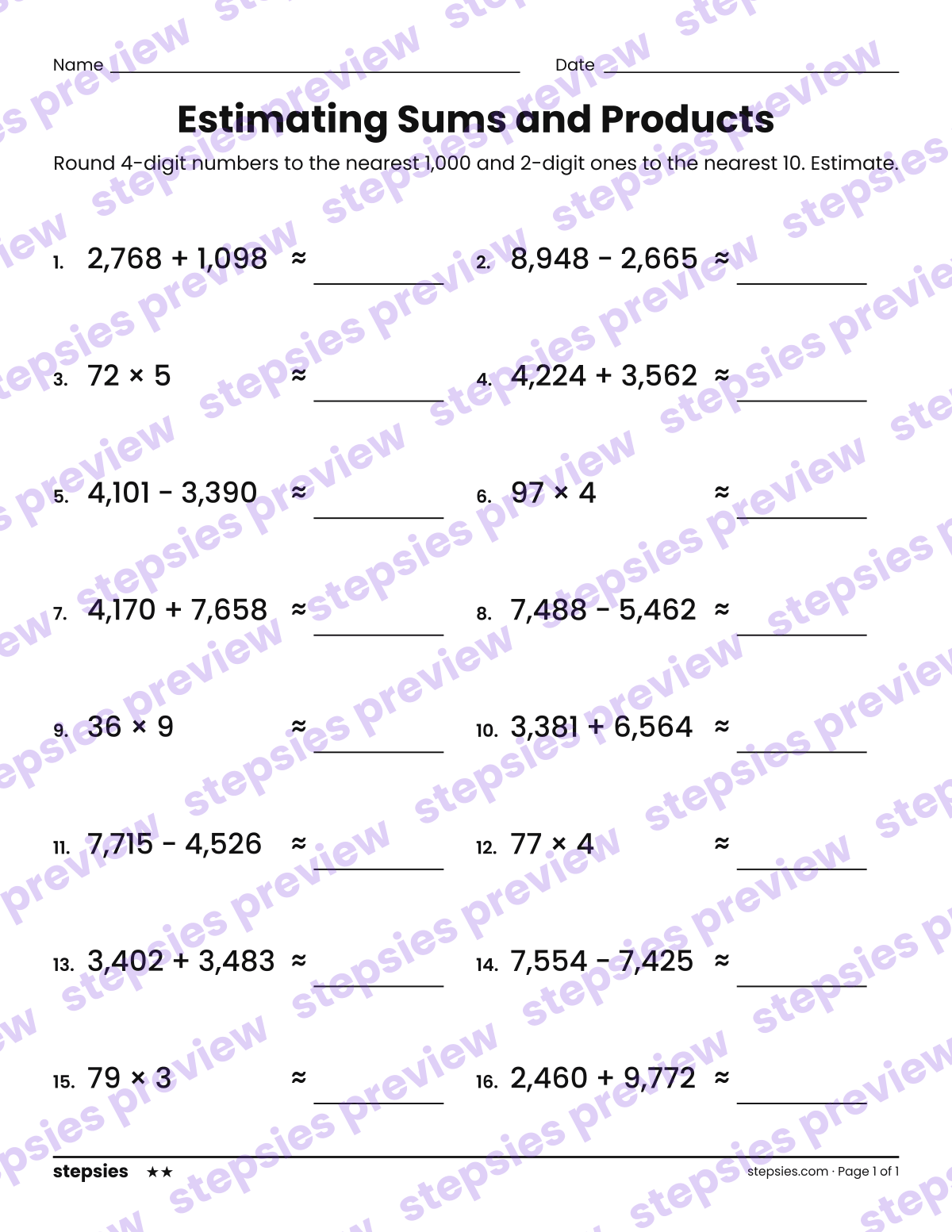 Estimating Sums and Products: page 1 of a printable Grade 4 Math worksheet