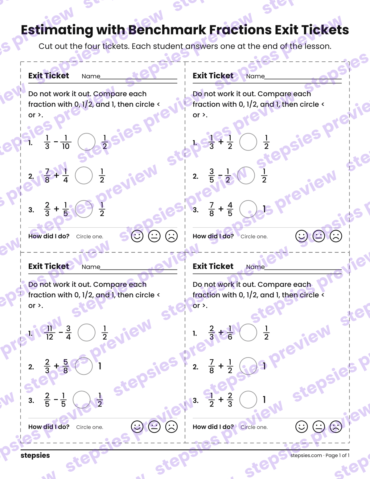 Estimating with Benchmark Fractions Exit Tickets: page 1 of a printable Grade 4 Math worksheet