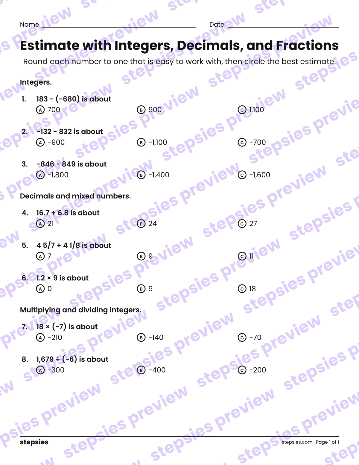 Estimate with Integers, Decimals, and Fractions: page 1 of a printable Grades 6 and 7 Math worksheet