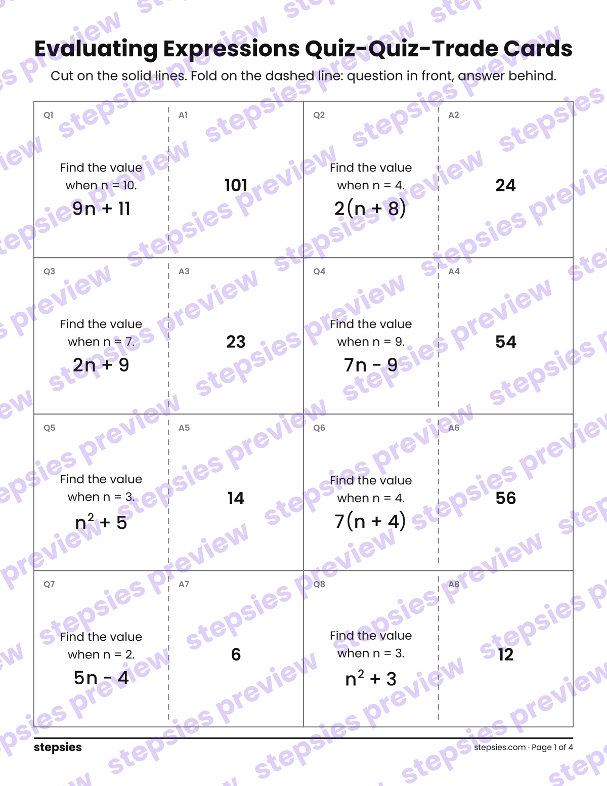 Evaluating Expressions: Quiz-Quiz-Trade Cards: page 1 of a printable Grade 6 Math worksheet