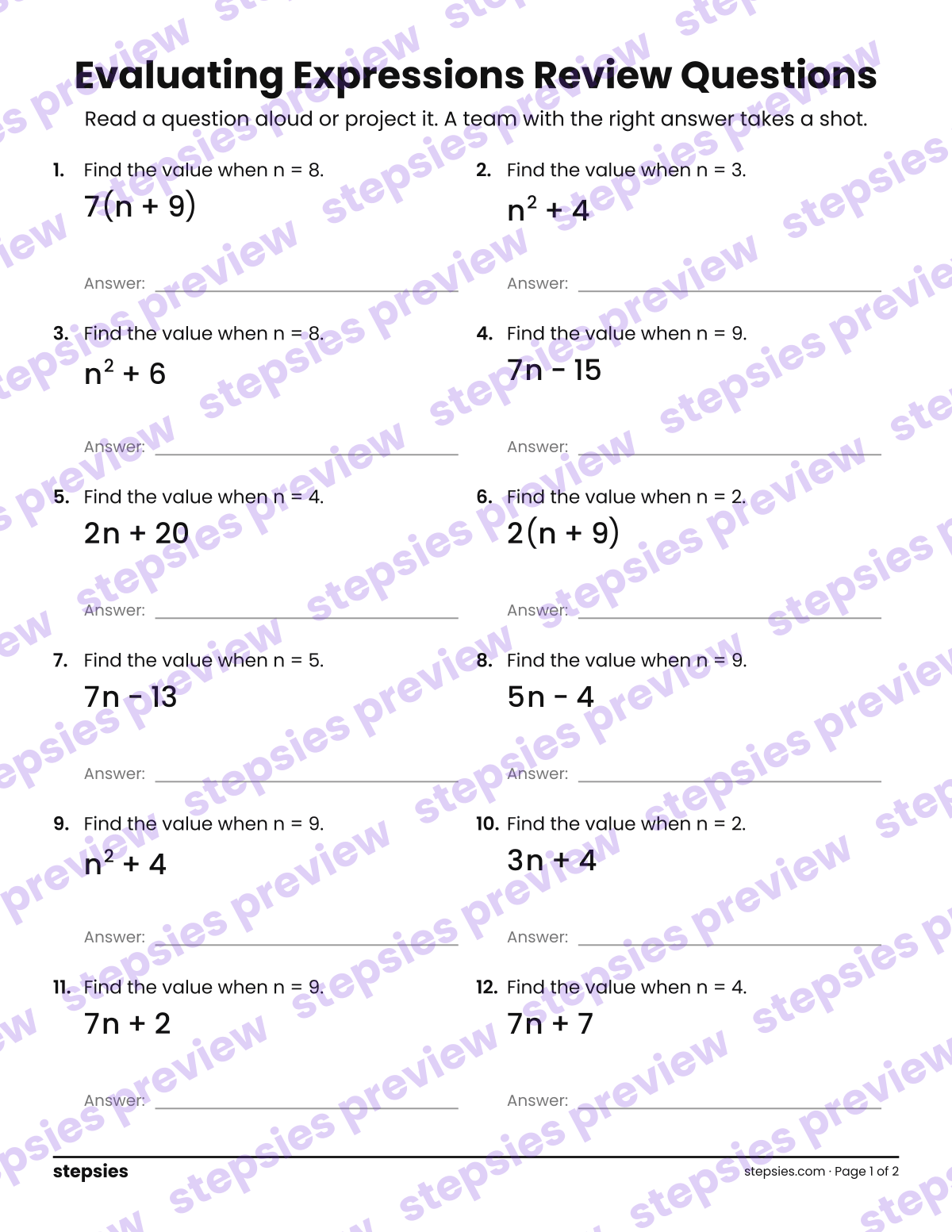 Evaluating Expressions: Trashketball Review Questions: page 1 of a printable Grade 6 Math worksheet
