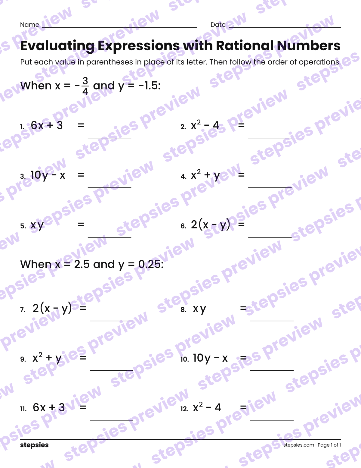 Evaluating Expressions with Rational Numbers: page 1 of a printable Grade 8 Math worksheet