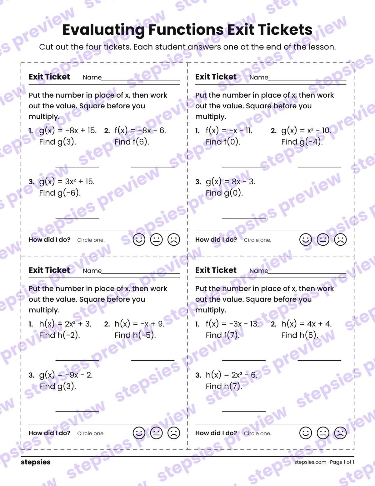 Evaluating Functions Exit Tickets: page 1 of a printable Grade 8 Math worksheet