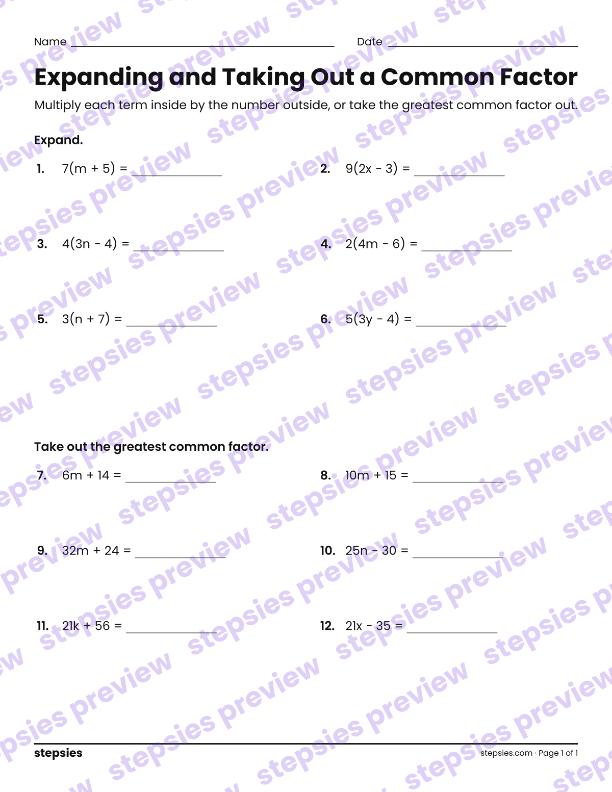Expanding and Taking Out a Common Factor: page 1 of a printable Grades 7 and 8 Math worksheet