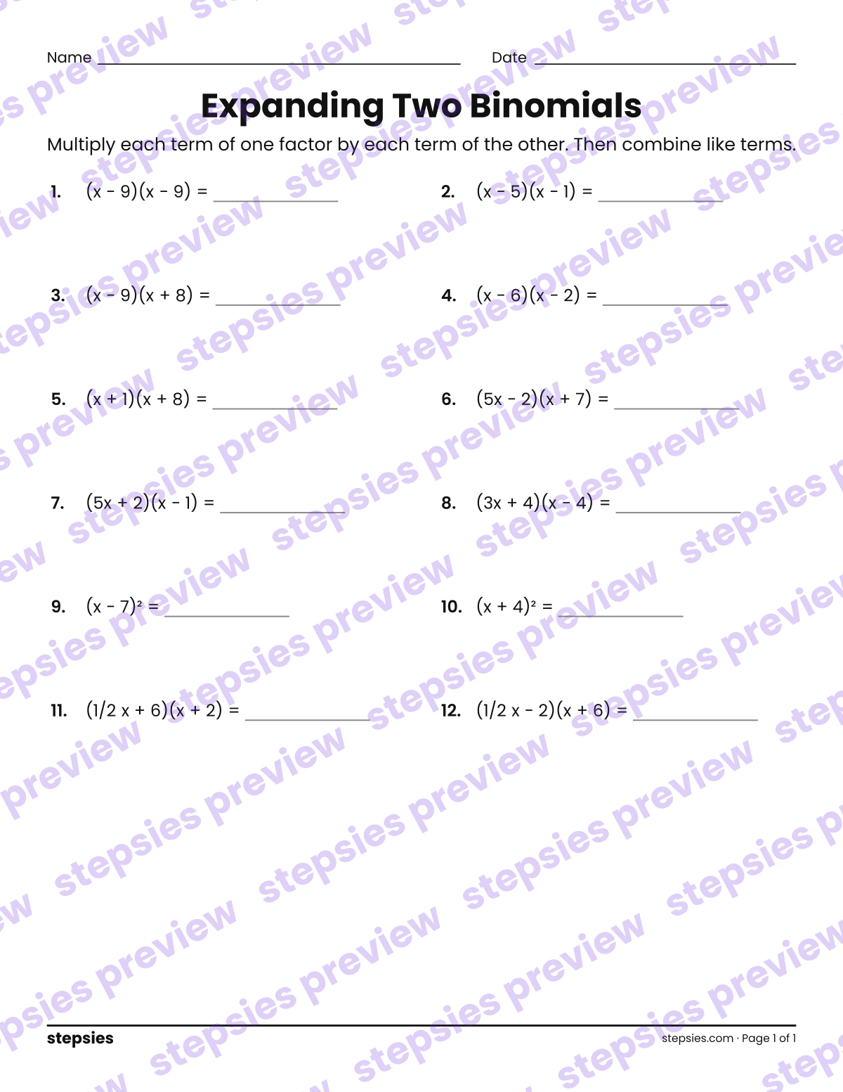 Expanding Two Binomials: page 1 of a printable Grade 8 Math worksheet