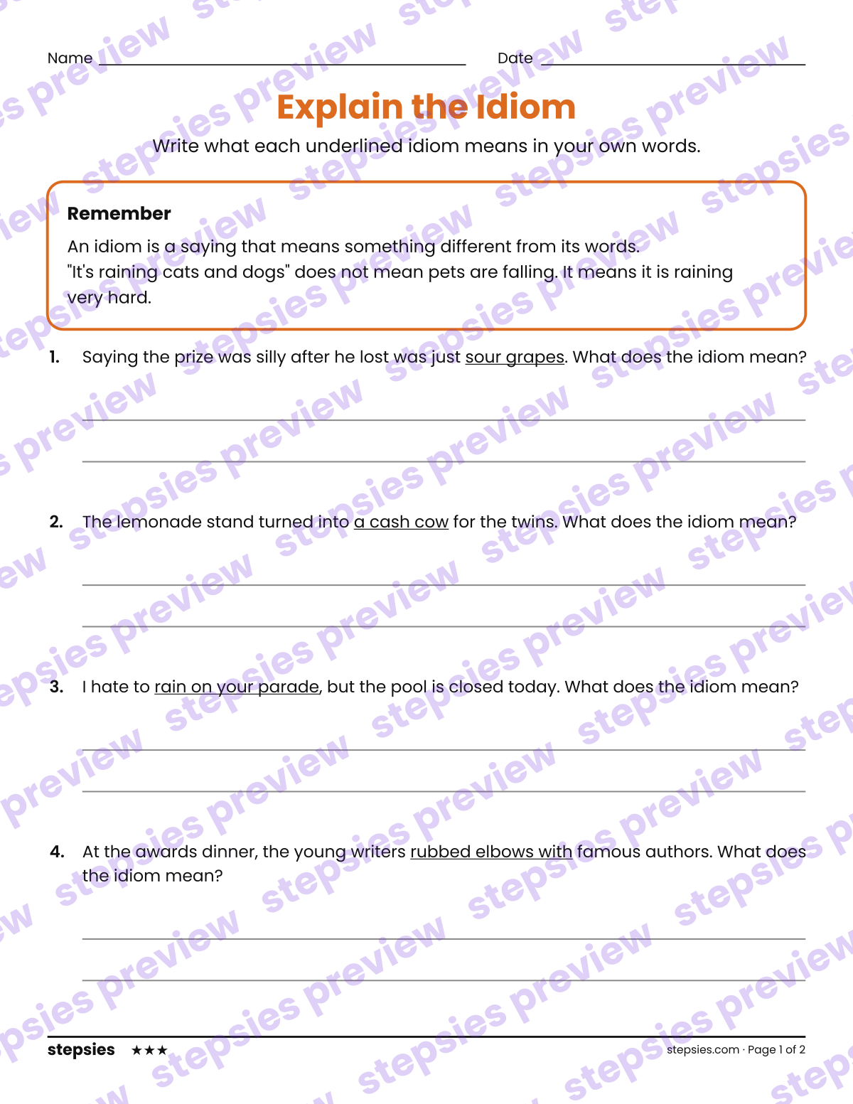 Explain the Idiom: page 1 of a printable Grades 6–8 Language worksheet