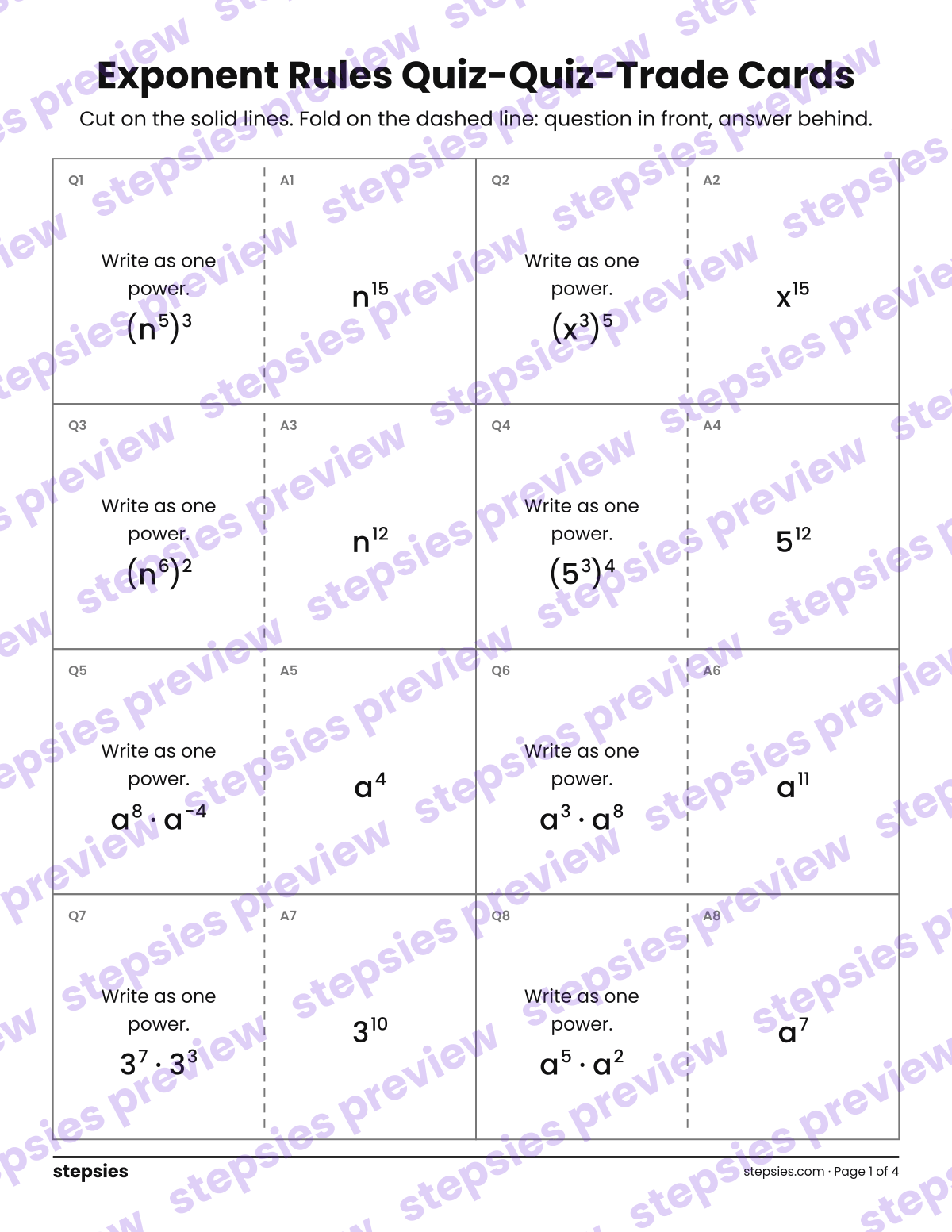 Exponent Rules: Quiz-Quiz-Trade Cards: page 1 of a printable Grade 8 Math worksheet