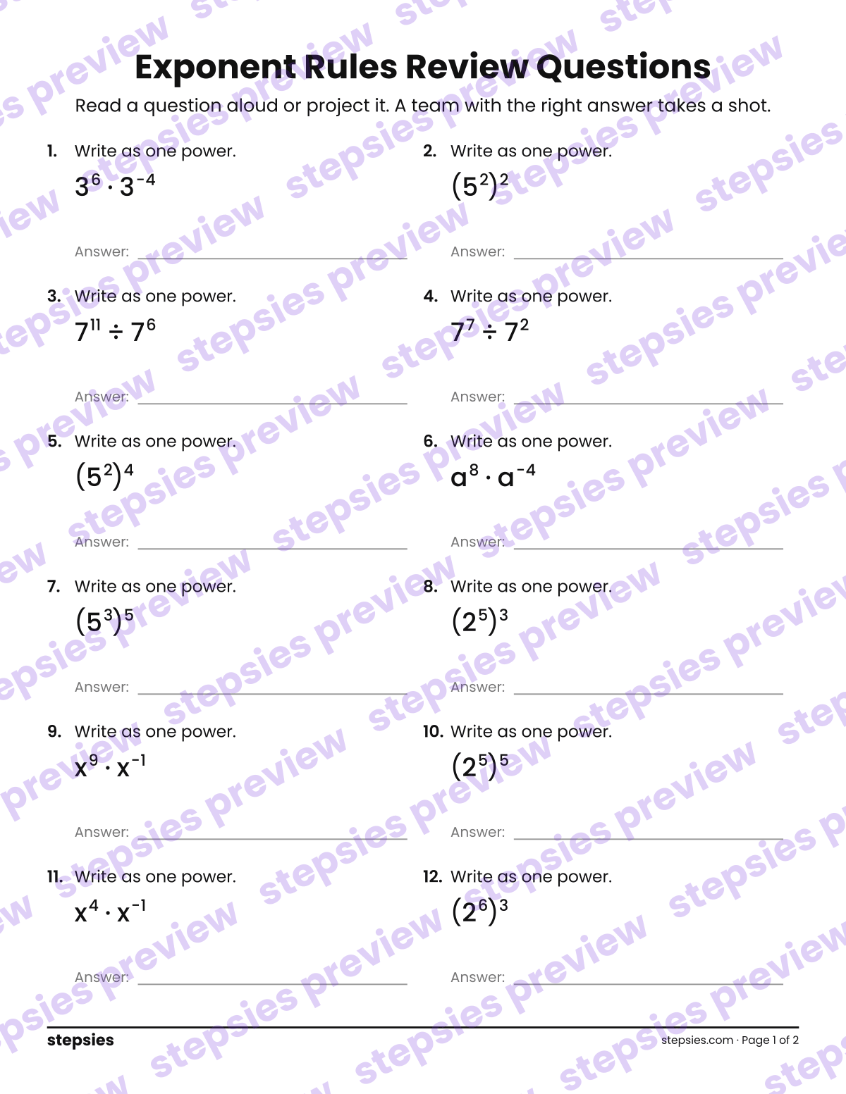 Exponent Rules: Trashketball Review Questions: page 1 of a printable Grade 8 Math worksheet