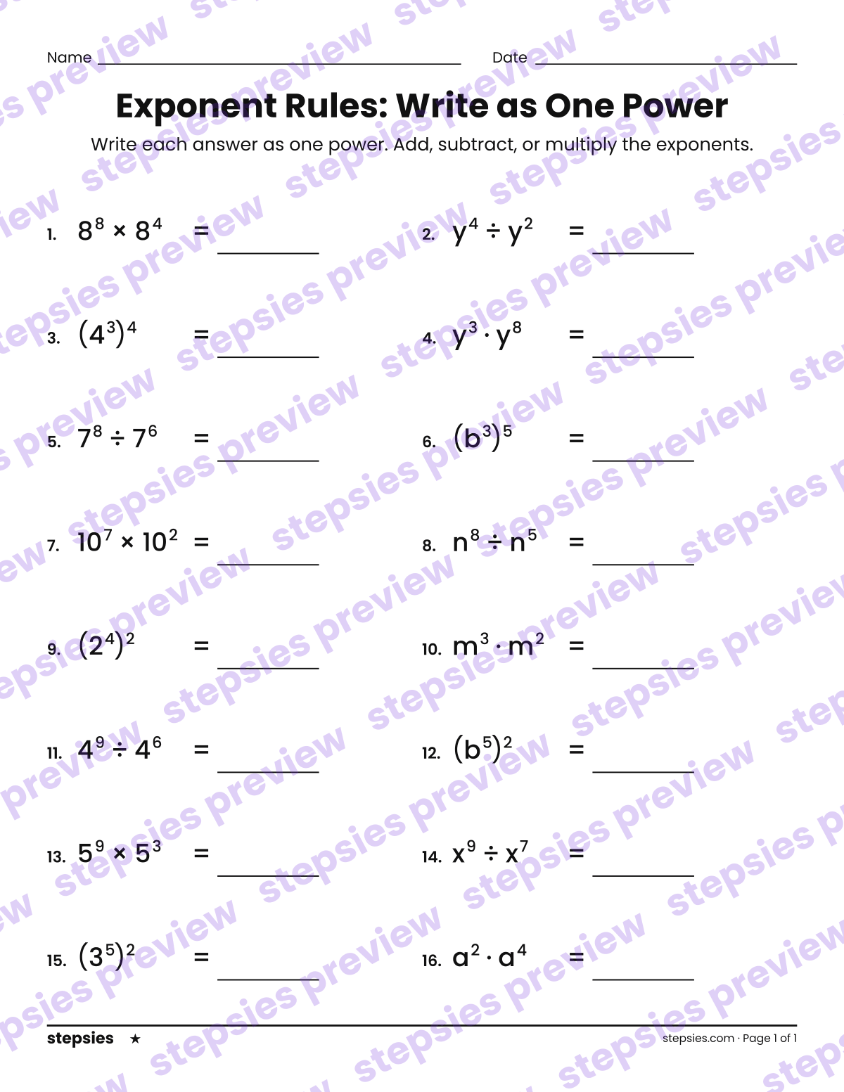 Exponent Rules: Write as One Power: page 1 of a printable Grade 8 Math worksheet