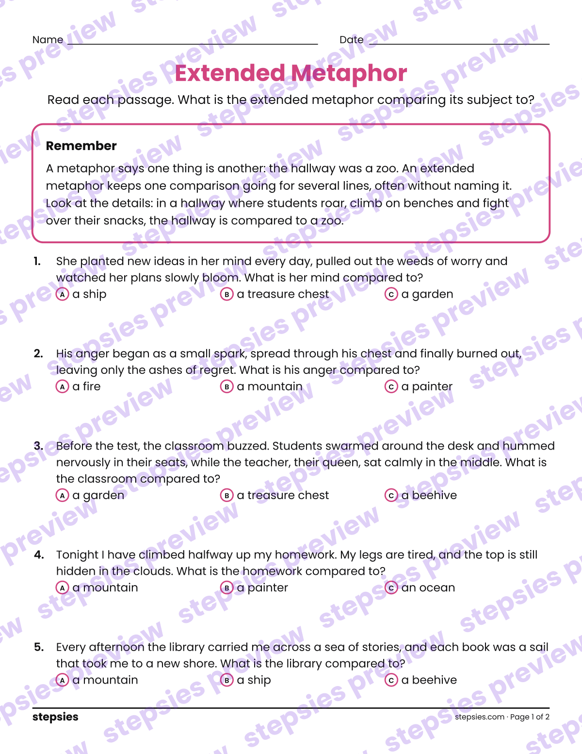 Extended Metaphor: page 1 of a printable Grade 8 Language worksheet