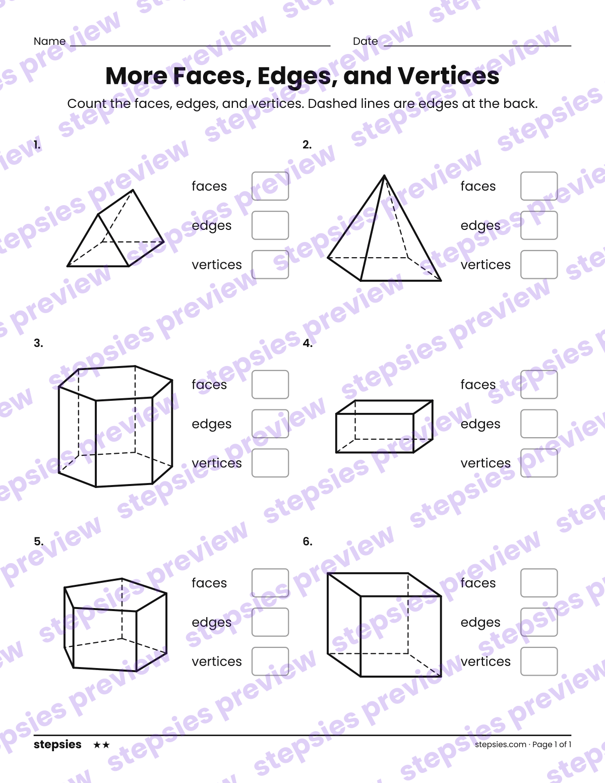 More Faces, Edges, and Vertices: page 1 of a printable Grade 3 Math worksheet