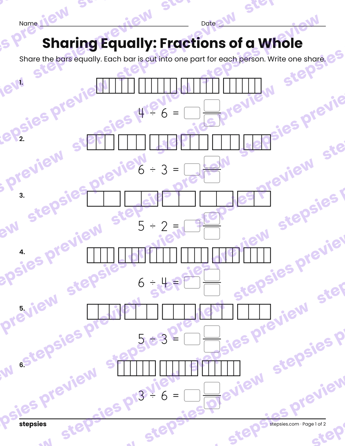 Sharing Equally: Fractions of a Whole: page 1 of a printable Grade 3 Math worksheet