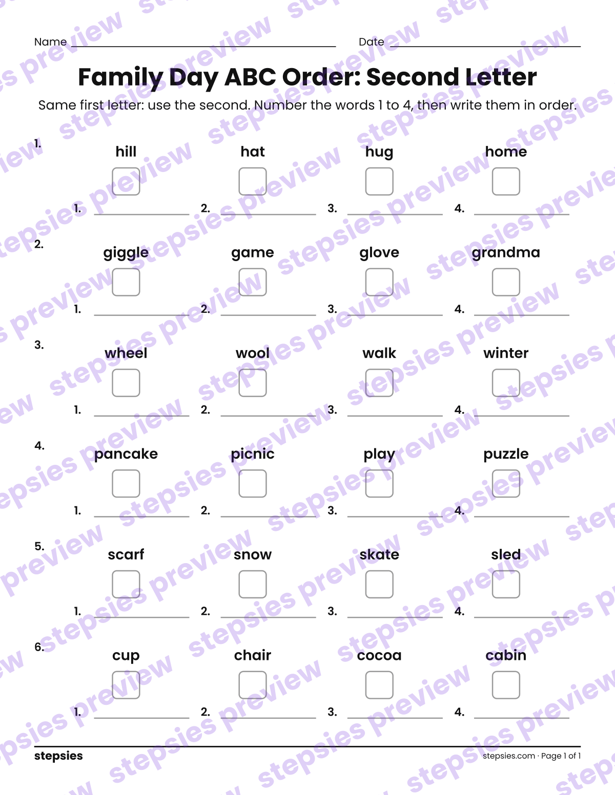Family Day ABC Order: Second Letter: page 1 of a printable Grades 1 and 2 Language worksheet