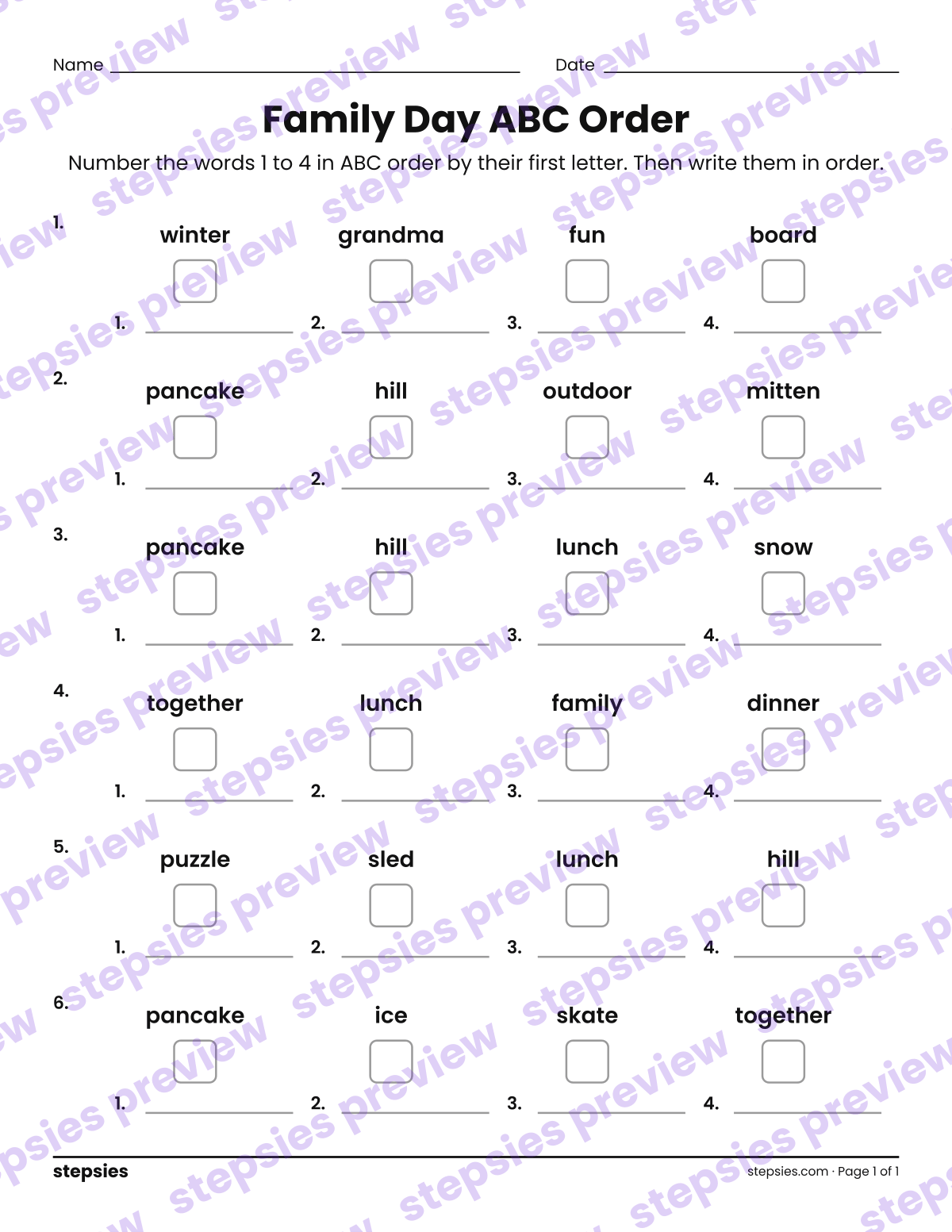 Family Day ABC Order: page 1 of a printable Grades 1 and 2 Language worksheet