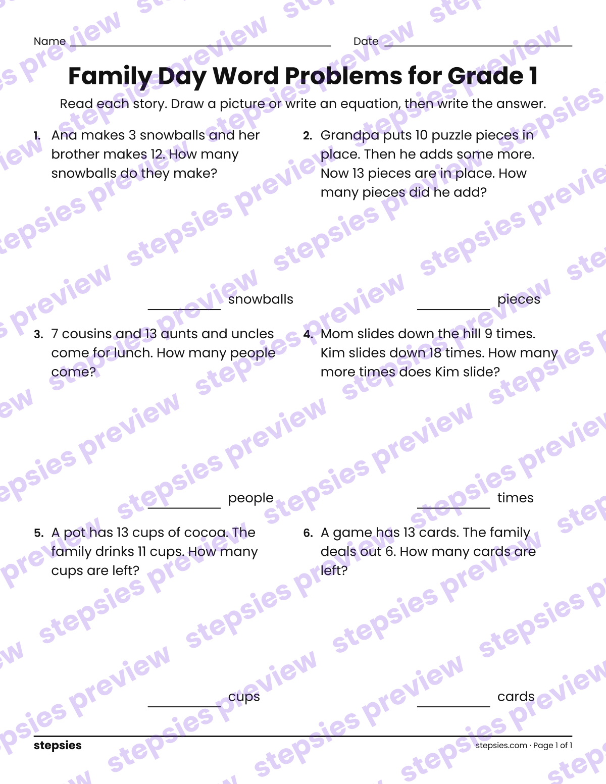 Family Day Word Problems for Grade 1: page 1 of a printable Grade 1 Math worksheet