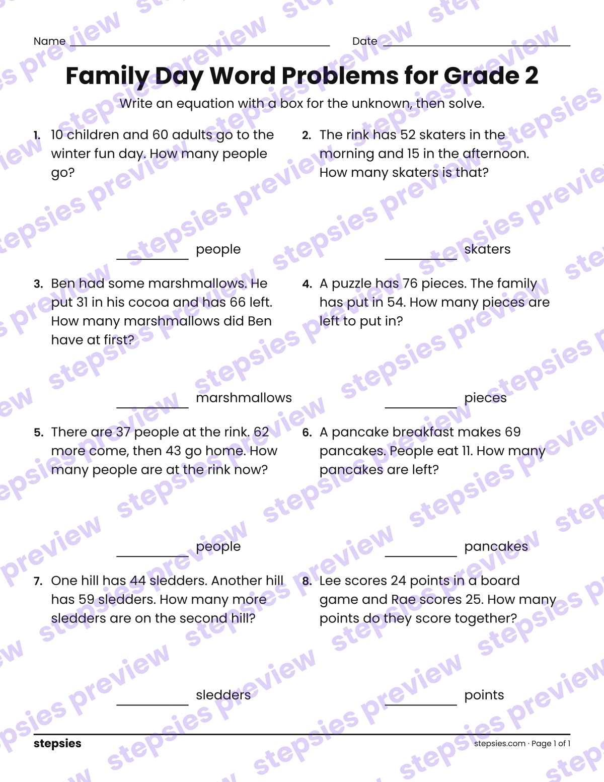 Family Day Word Problems for Grade 2: page 1 of a printable Grade 2 Math worksheet