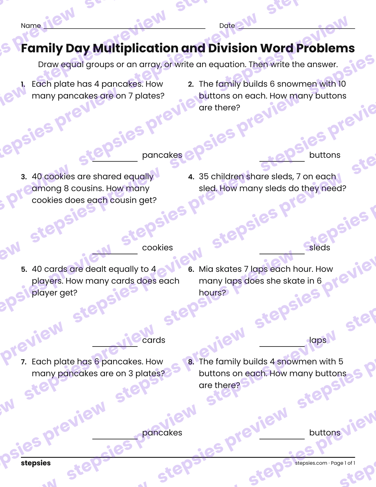 Family Day Multiplication and Division Word Problems: page 1 of a printable Grade 3 Math worksheet