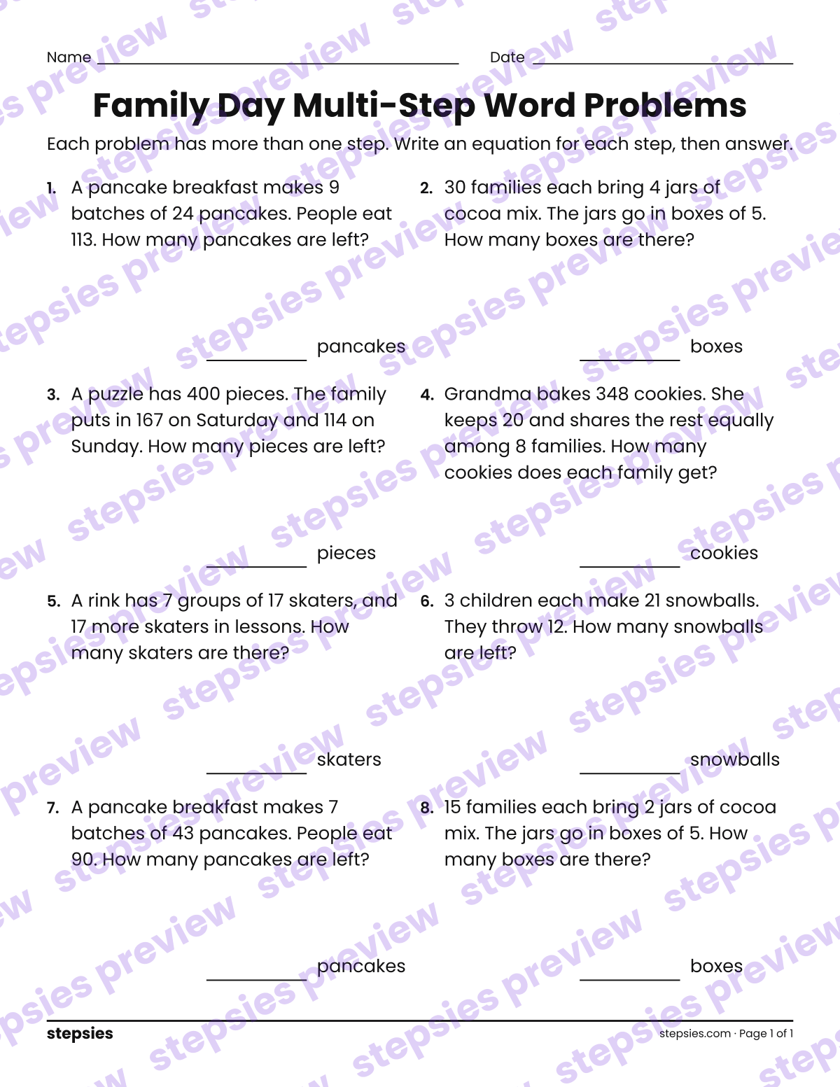 Family Day Multi-Step Word Problems: page 1 of a printable Grade 4 Math worksheet