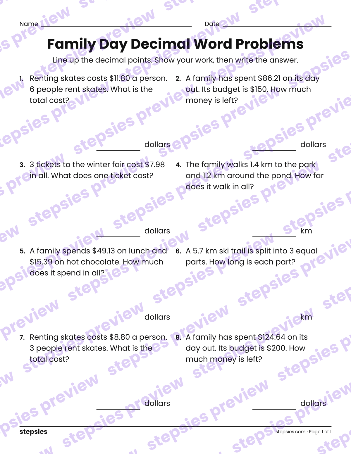 Family Day Decimal Word Problems: page 1 of a printable Grade 5 Math worksheet